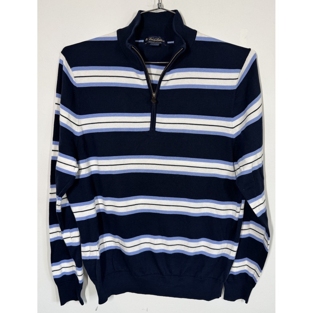 Brooks Brothers Men's 1/4 Zip Supima Cotton Sweater Blue White Stripe Size L